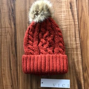 Vici City Nights Faux Fur pom beanie top in Rustic